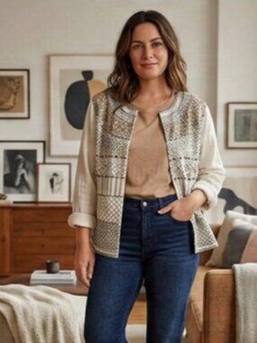 Madison Multiples Size L Embroidered Studded Round Neck Southwestern Jacket Top